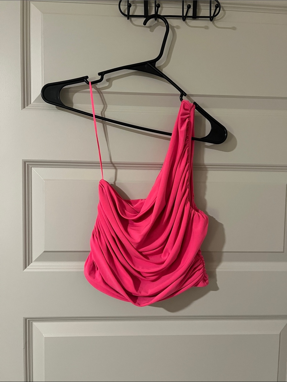 Express hot pink body contour ruched one shoulder top